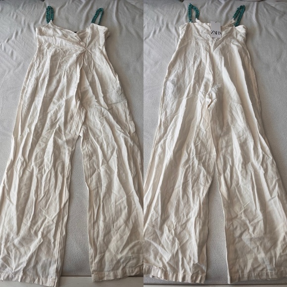 NWT Zara Linen Blend Jumpsuit with Chain Straps M Oyster White - Picture 5 of 15